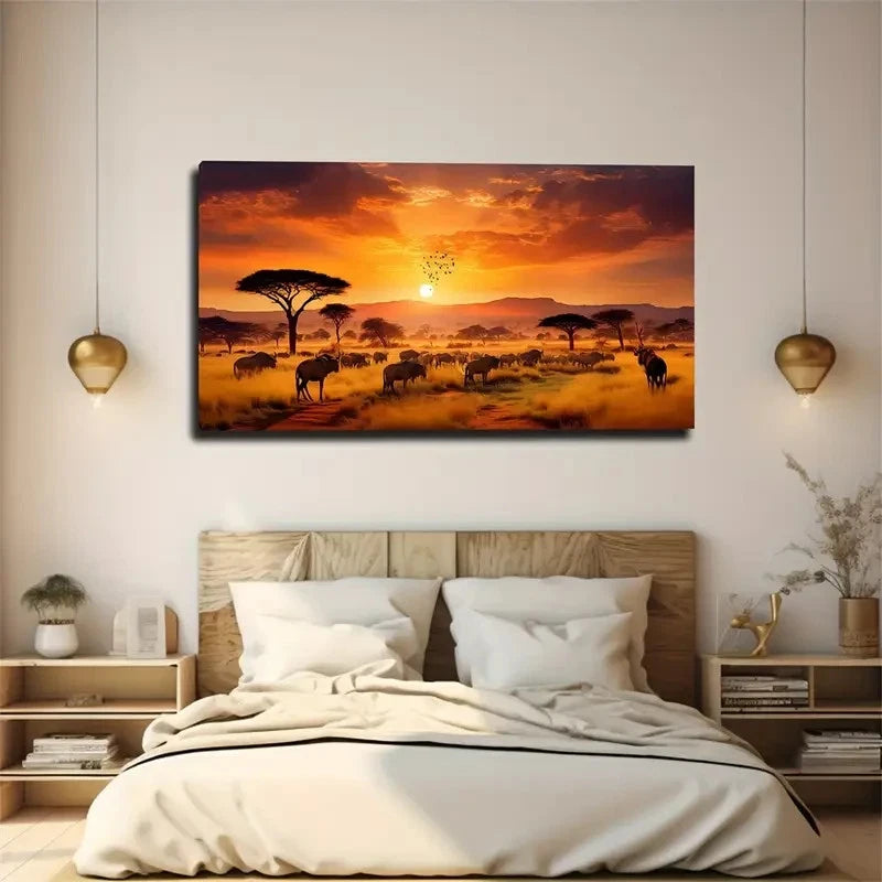 Prairie Sunset Animals Coming Wall Art Canvas Office Home Room Framed 120x60cm
