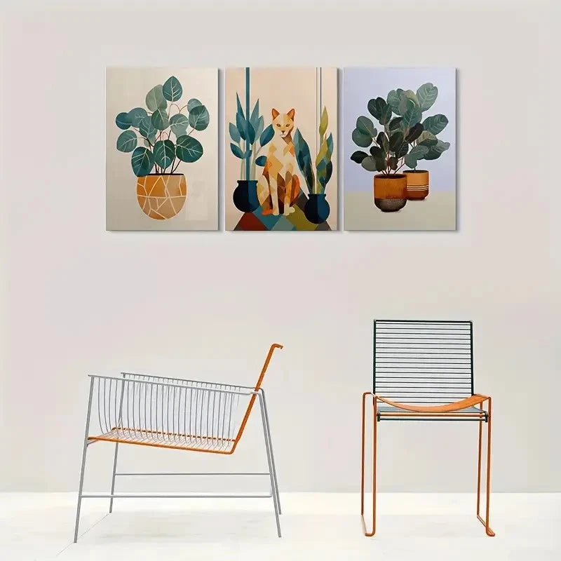 3pcs Geometric Plant & Cat Designs Metal Print Ready to Hang Art - Bella Home Decor