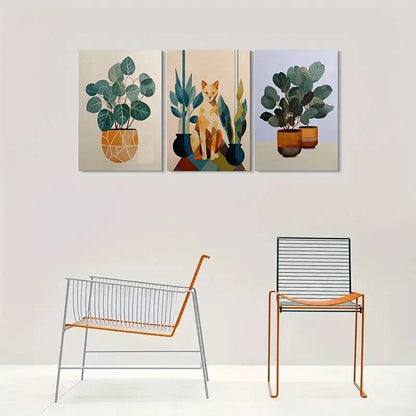 3pcs Geometric Plant & Cat Designs Metal Print Ready to Hang Art - Bella Home Decor