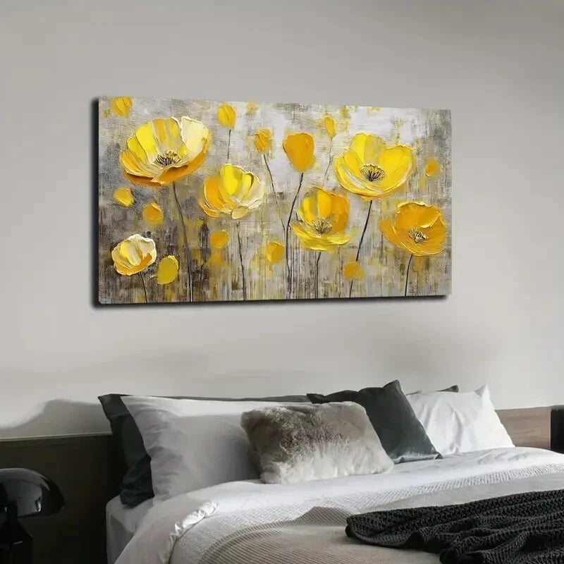 Yellow Flowers Gray Background Wall Art Canvas Office Home Room Framed 120x60cm - Bella Home Decor