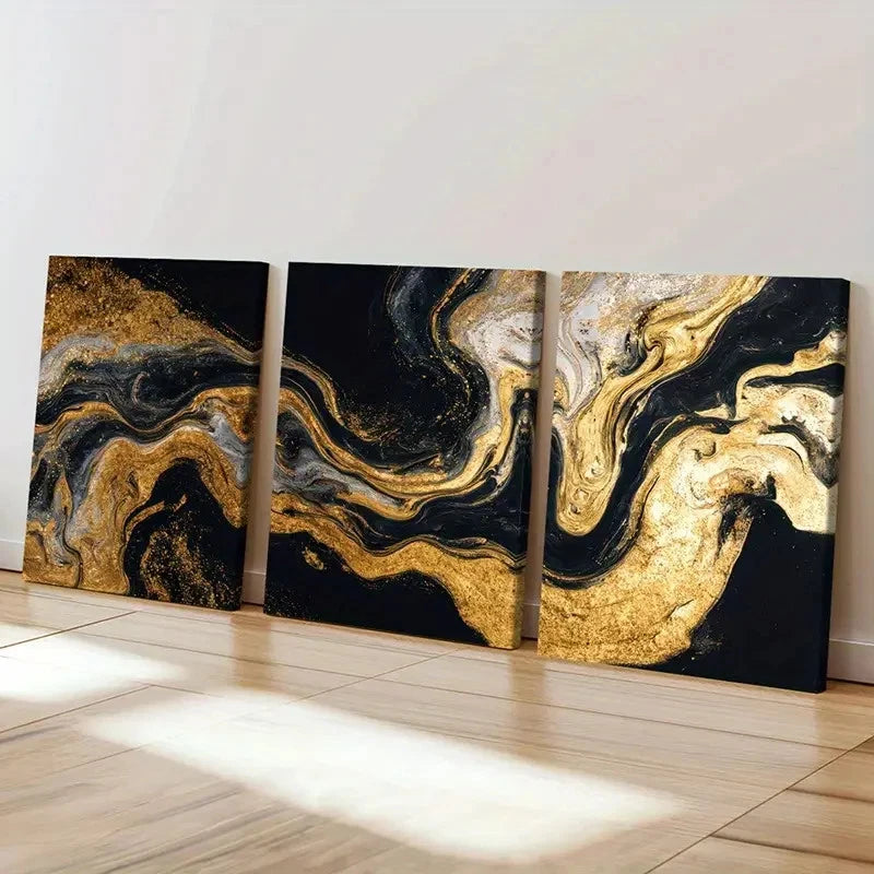 3pcs Black White Abstract Golden Swirls Art  Wall Art Set Canvas Framed 60x90cm - High Quality Print 100% Australian Made Wall Canvas Ready to Hang - Bella Home Decor