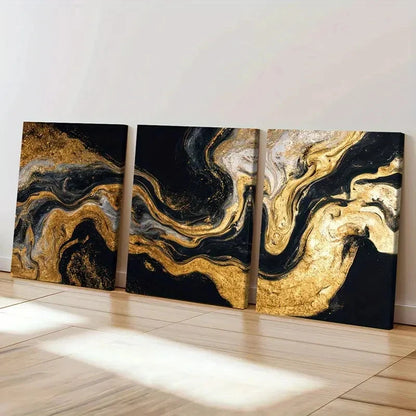 3pcs Black White Abstract Golden Swirls Art  Wall Art Set Canvas Framed 60x90cm - High Quality Print 100% Australian Made Wall Canvas Ready to Hang - Bella Home Decor