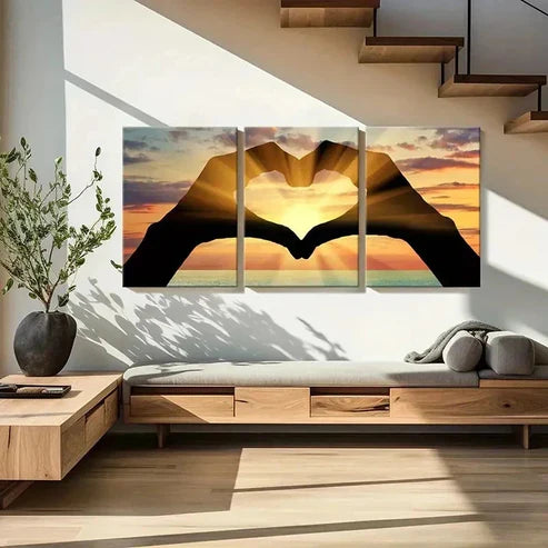 3pcs Hands Forming a Heart with Sunset Wall Art Wall Art Canvas Unframed - High Quality Print 100% Australian Made Wall Canvas