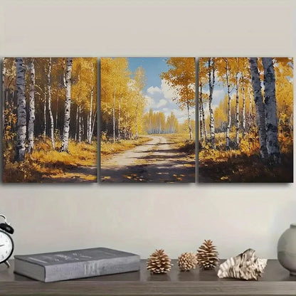 3pcs Birch forest in autumn Painting Wall Art Set Canvas Framed 50x70cm - High Quality Print 100% Australian Made Wall Canvas Ready to Hang