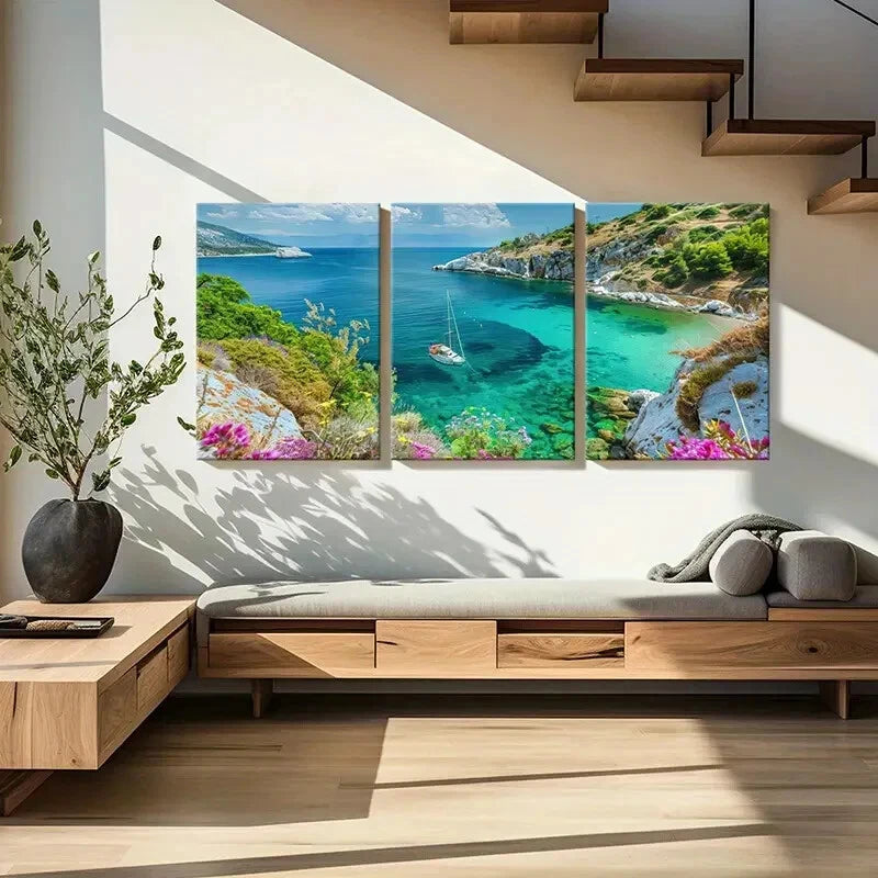 3pcs Seaside Tranquility Sailboat Crystal Metal Print Ready to Hang Art - Bella Home Decor