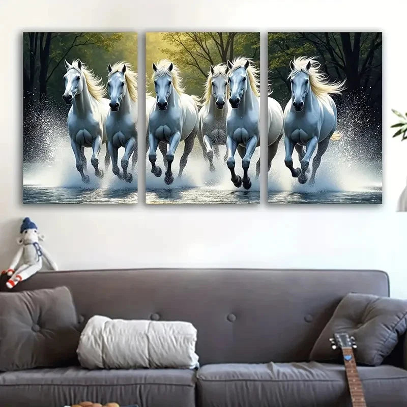 3pcs White Horse Running Wall Art Set Canvas Framed 50x70cm - High Quality Print 100% Australian Made Wall Canvas Ready to Hang