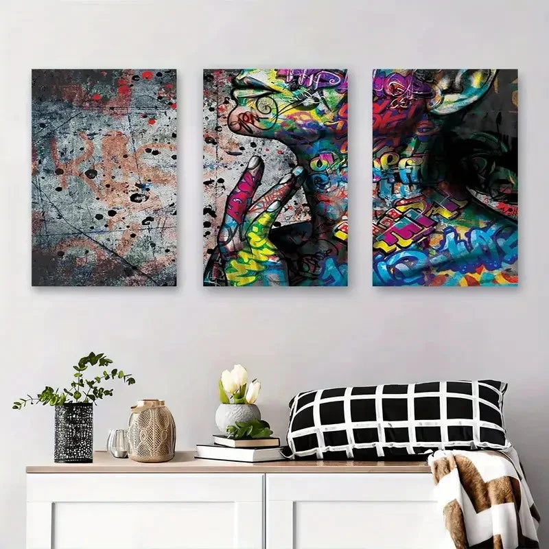 3pcs Colorful Graffiti Face Design Metal Print Ready to Hang Art - Bella Home Decor