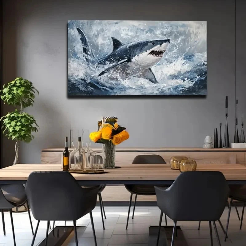 Dramatic Ocean Scene Shark Wall Art Canvas Office Home Room Framed 120x60cm - Bella Home Decor