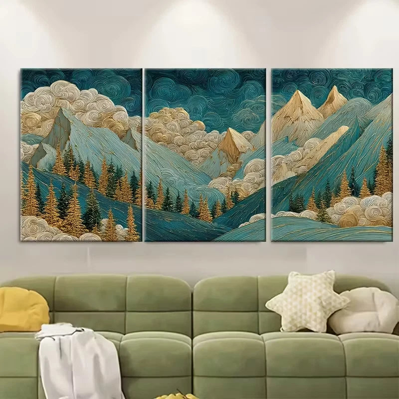 3pcs Mountain Landscape Painting with Golden Leav Metal Print Ready to Hang Art