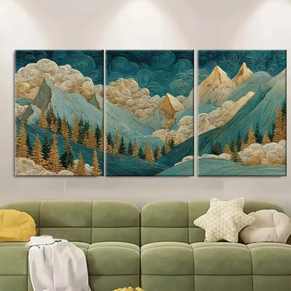 3pcs Mountain Landscape Painting with Golden Leav Metal Print Ready to Hang Art