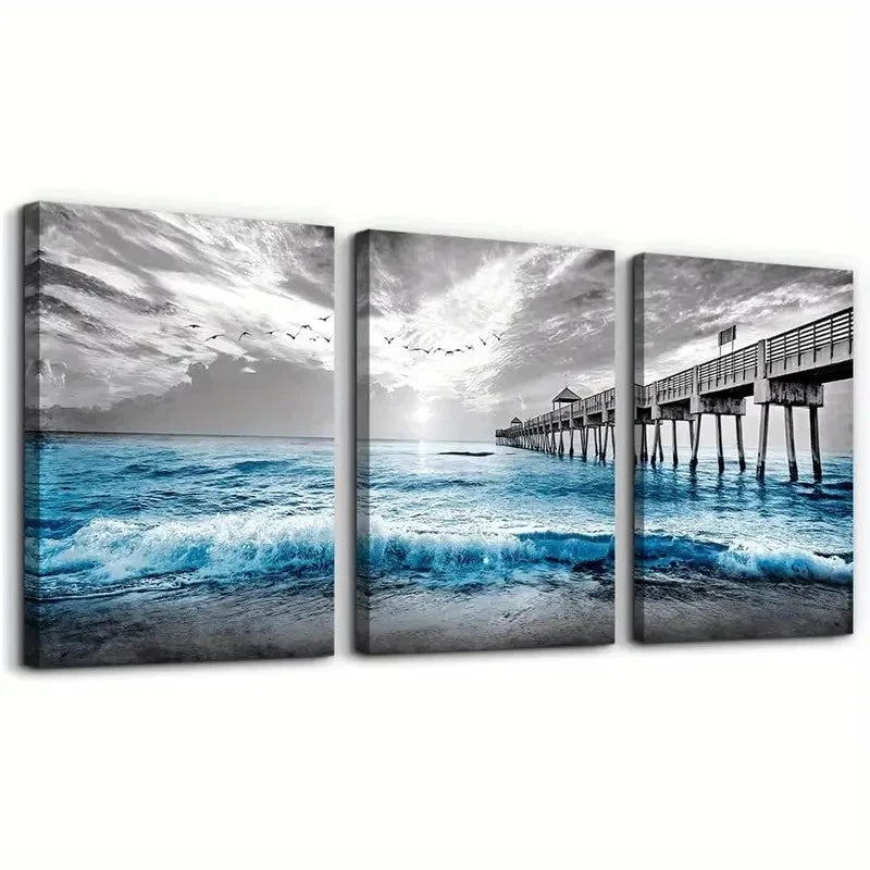 3pcs Blue Ocean Sea Wave  Wall Art Set Canvas Framed 40x60cm - High Quality Print 100% Australian Made Wall Canvas Ready to Hang - Bella Home Decor