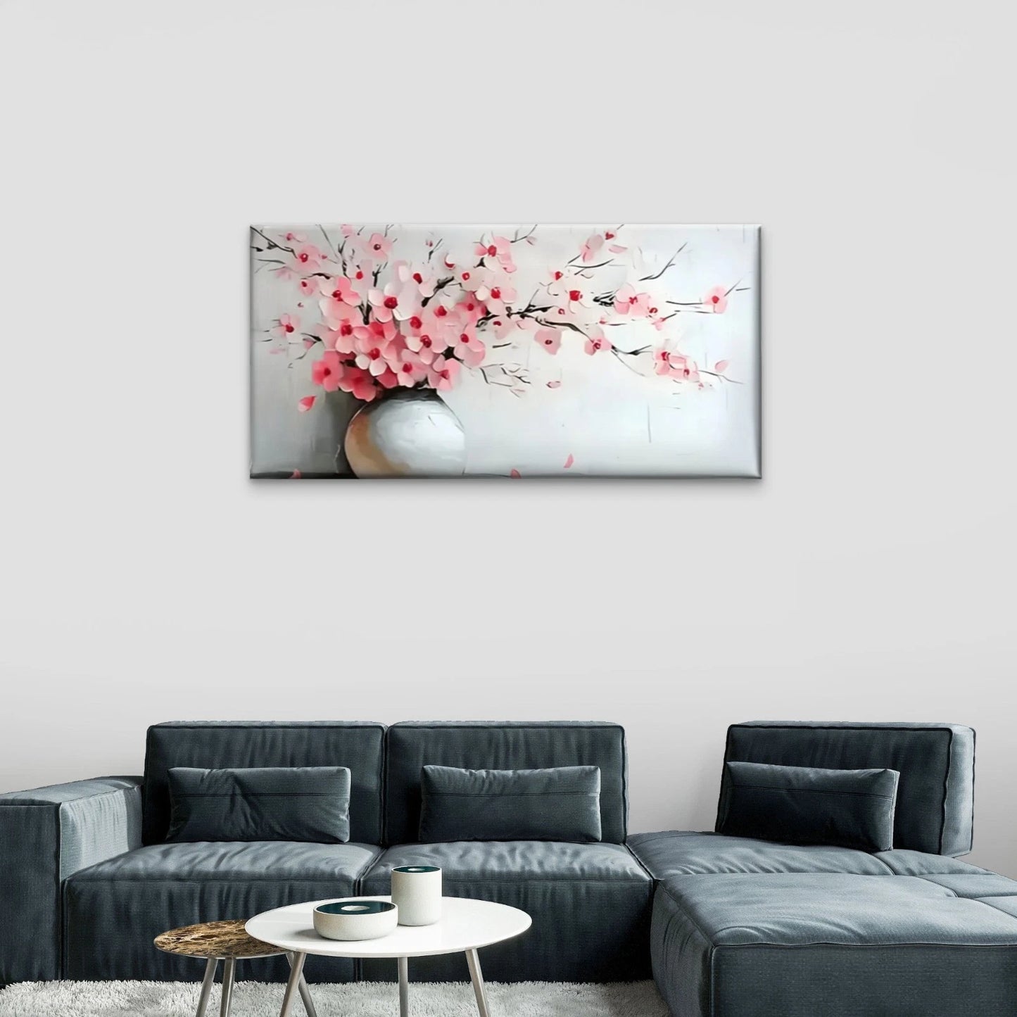 Pink Flowers Vase White Wall Art Canvas Office Home Room Framed 120x60cm