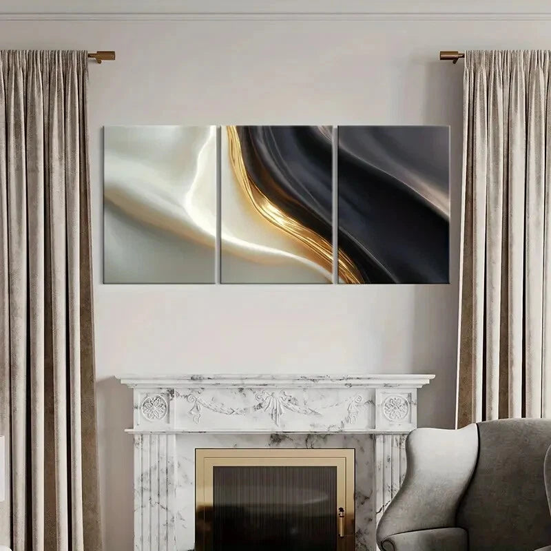3pcs Abstract Silk Flow Golden Lines Black White Metal Print Ready to Hang Art - Bella Home Decor