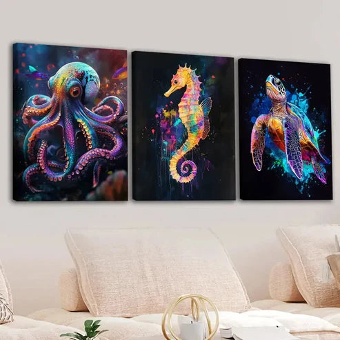 3pcs Abstract Neon Animals Octopus Seahorse Blue Wall Art Set Canvas Unframed - High Quality Print 100% Australian Made Wall Canvas