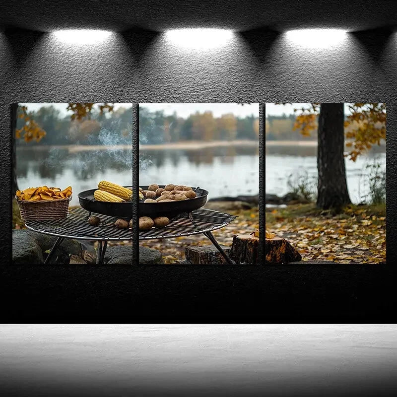 3pcs Outdoor Barbecue Scenery with lake View Metal Print Ready to Hang Art - Bella Home Decor