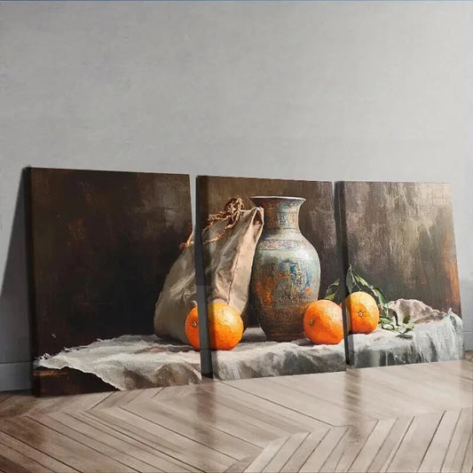 3pcs Still life painting of an old vase Wall Art Set Canvas Framed 50x70cm - High Quality Print 100% Australian Made Wall Canvas Ready to Hang