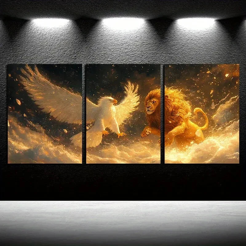3pcs Mystical Lion and Bird Encounter Illustration Metal Print Ready to Hang Art - Bella Home Decor