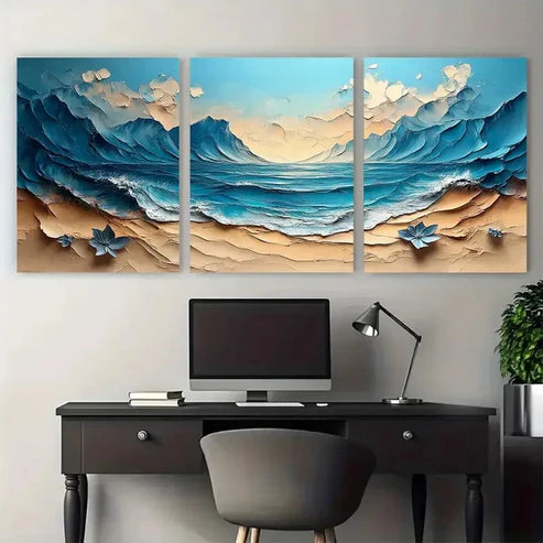 3pcs Modern Neutral Mountain with Florals Design Wall Art Set Canvas Unframed - High Quality Print 100% Australian Made Wall Canvas