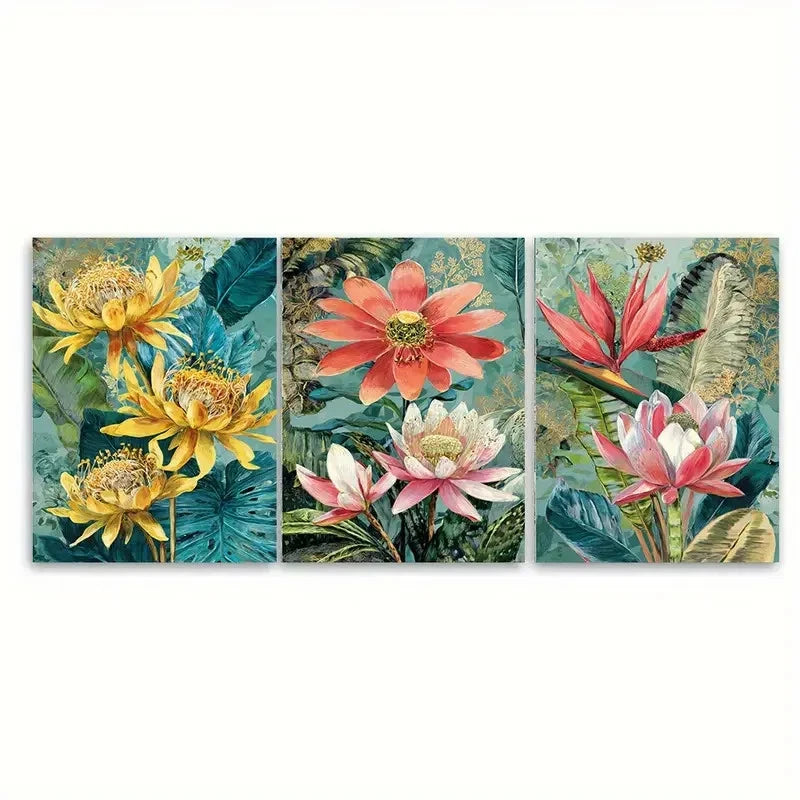 3pcs Nepal Travel Botanical Illustration Wall Art Set Canvas Framed 50x70cm - High Quality Print 100% Australian Made Wall Canvas Ready to Hang