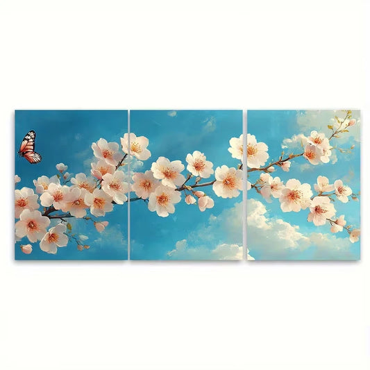 3pcs Pink White Blossom Under Soft Blue Sky Metal Print Ready to Hang Art