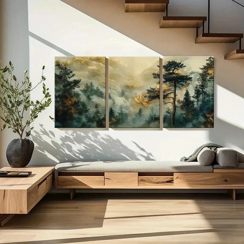 3pcs Mystical Forest Golden Cloud Serene Landscape Metal Print Ready to Hang Art - Bella Home Decor
