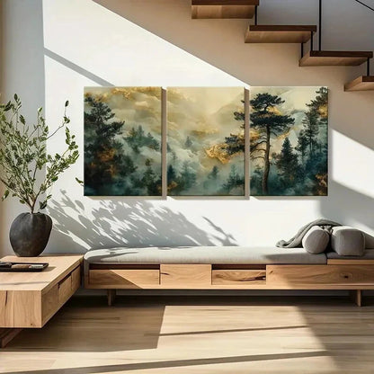 3pcs Mystical Forest Golden Cloud Serene Landscape Metal Print Ready to Hang Art - Bella Home Decor