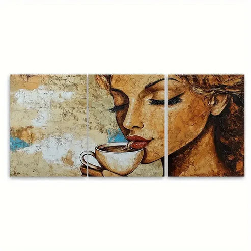 3pcs Abstract Lady Drinking Coffee Portrait Wall Art Canvas Unframed - High Quality Print 100% Australian Made Wall Canvas - Bella Home Decor