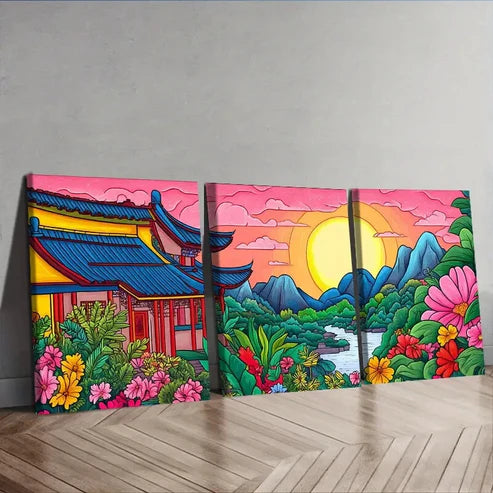 3pcs Colorful ancient Chinese buildings Wall Art Canvas Unframed - High Quality Print 100% Australian Made Wall Canvas