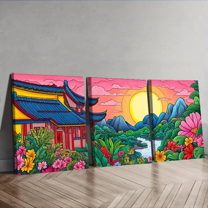 3pcs Colorful ancient Chinese buildings Wall Art Canvas Unframed - High Quality Print 100% Australian Made Wall Canvas