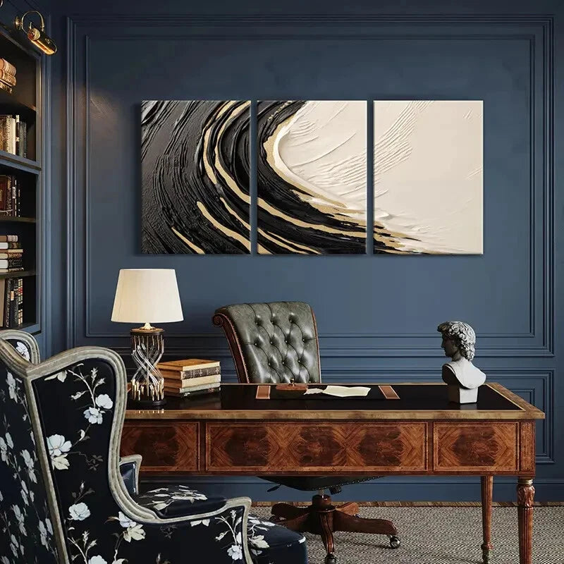 3pcs Abstract Art Black White Golden Swirl Design Metal Print Ready to Hang Art - Bella Home Decor