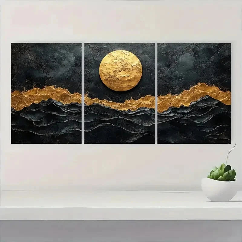 3pcs Abstract Texture Black & Golden Wave Metal Print Ready to Hang Art