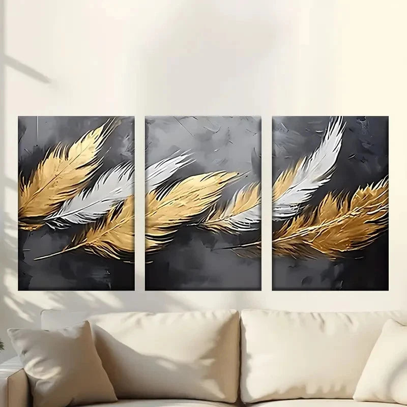 3pcs Three Golden Feathers on Black Background Metal Print Ready to Hang Art