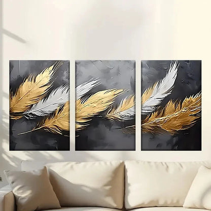 3pcs Three Golden Feathers on Black Background Metal Print Ready to Hang Art