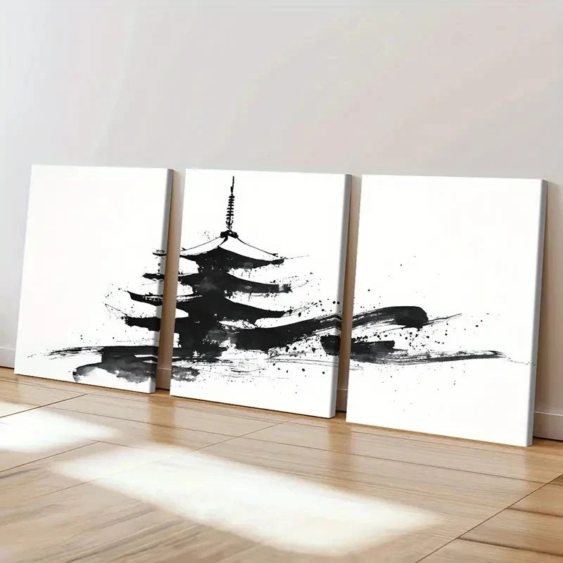 3pcs Black & White Japanese Pagoda Ink Splash  Wall Art Set Canvas Framed 60x90cm - High Quality Print 100% Australian Made Wall Canvas Ready to Hang - Bella Home Decor