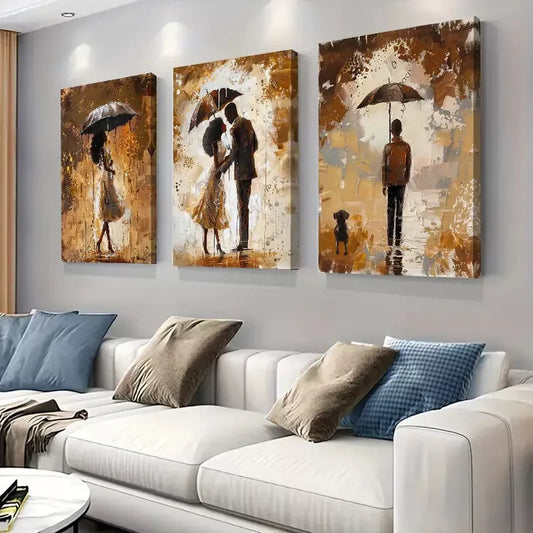 3pcs Romantic Rainy Day Scenes with Couples Art Set Canvas Framed 50x70cm - High Quality Print 100% Australian Made Wall Canvas Ready to Hang
