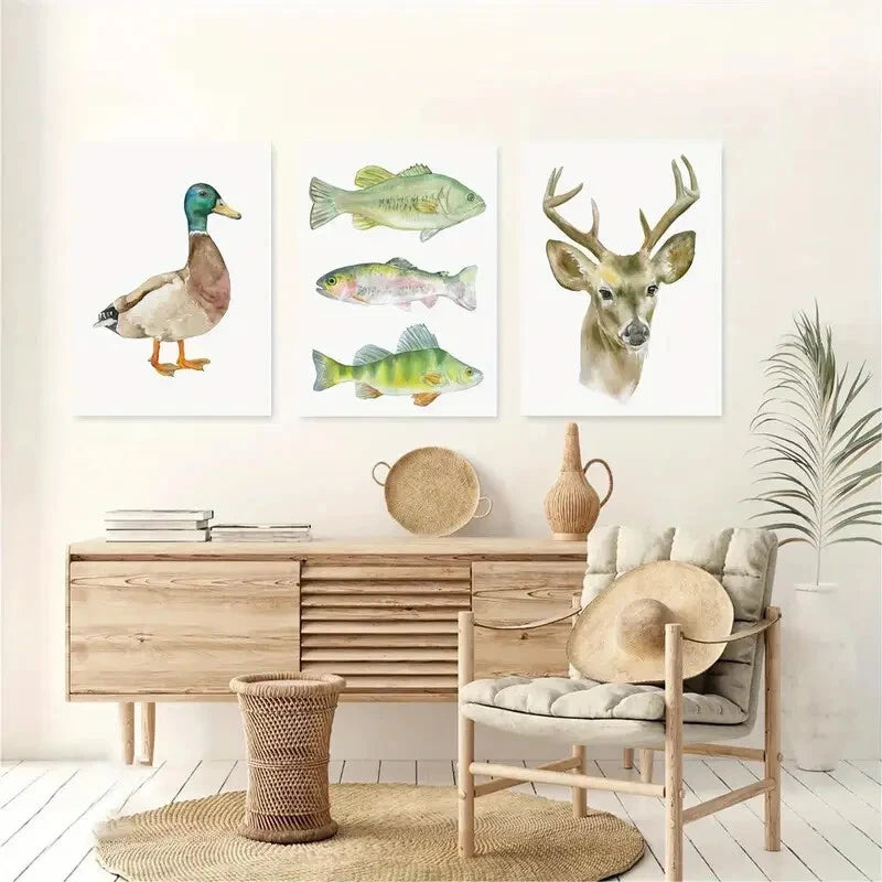 3pcs Watercolor Animal Prints Hunting & Fishing Metal Print Ready to Hang Art - Bella Home Decor