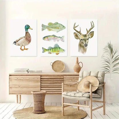3pcs Watercolor Animal Prints Hunting & Fishing Metal Print Ready to Hang Art - Bella Home Decor