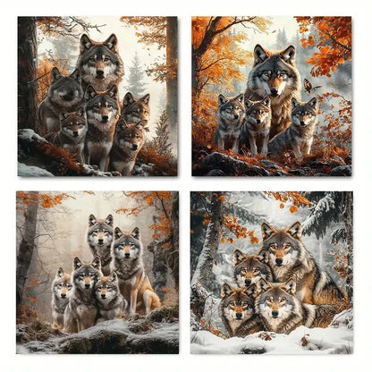 4pcs Wolf Family Animal Wall Art Canvas Framed