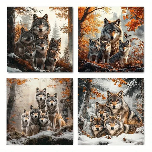 4pcs Wolf Family Animal Wall Art Canvas Framed