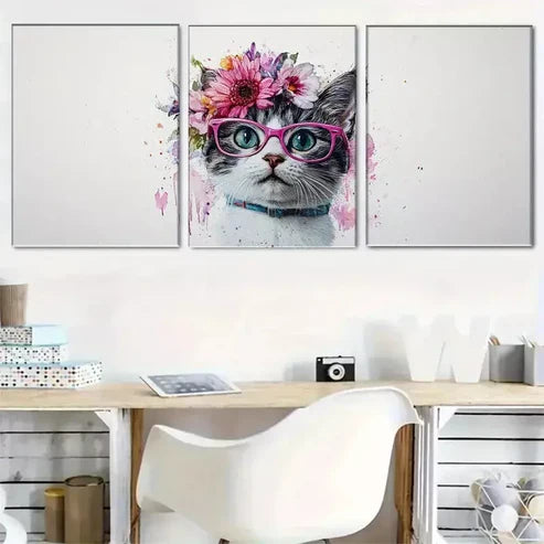3pcs Crown of Vibrant Flowers Fashionable Kitty Wall Art Canvas Unframed - High Quality Print 100% Australian Made Wall Canvas - Bella Home Decor