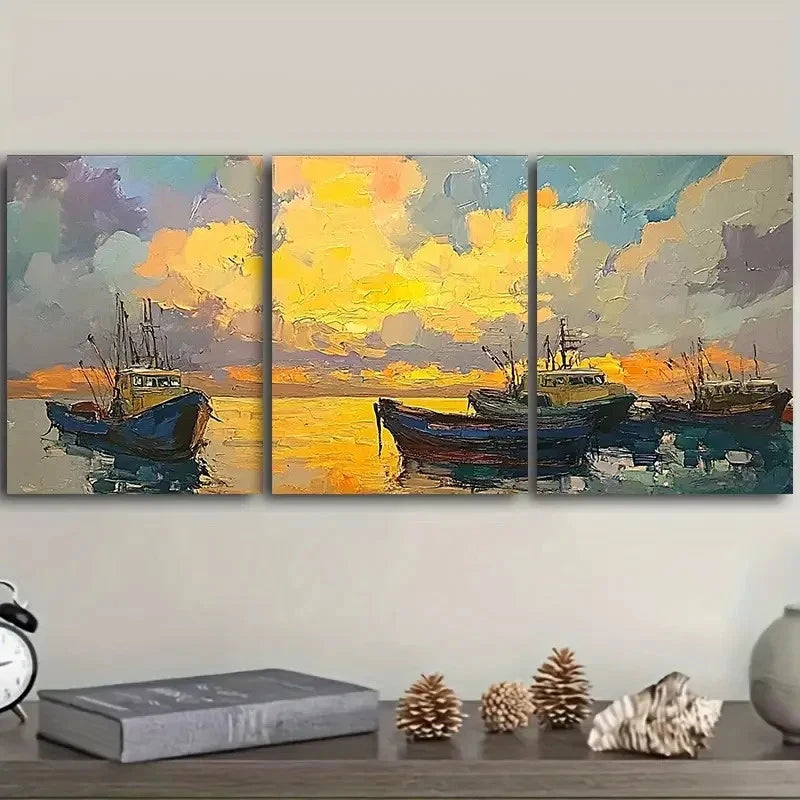 3pcs Oil painting of boats at the dock Wall Art Set Canvas Framed 40x60cm - High Quality Print 100% Australian Made Wall Canvas Ready to Hang