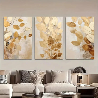 3pcs Luxury Beige and Golden Abstract Autumn Metal Print Ready to Hang Art - Bella Home Decor
