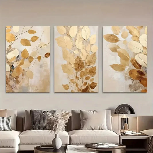 3pcs Luxury Beige and Golden Abstract Autumn Metal Print Ready to Hang Art - Bella Home Decor