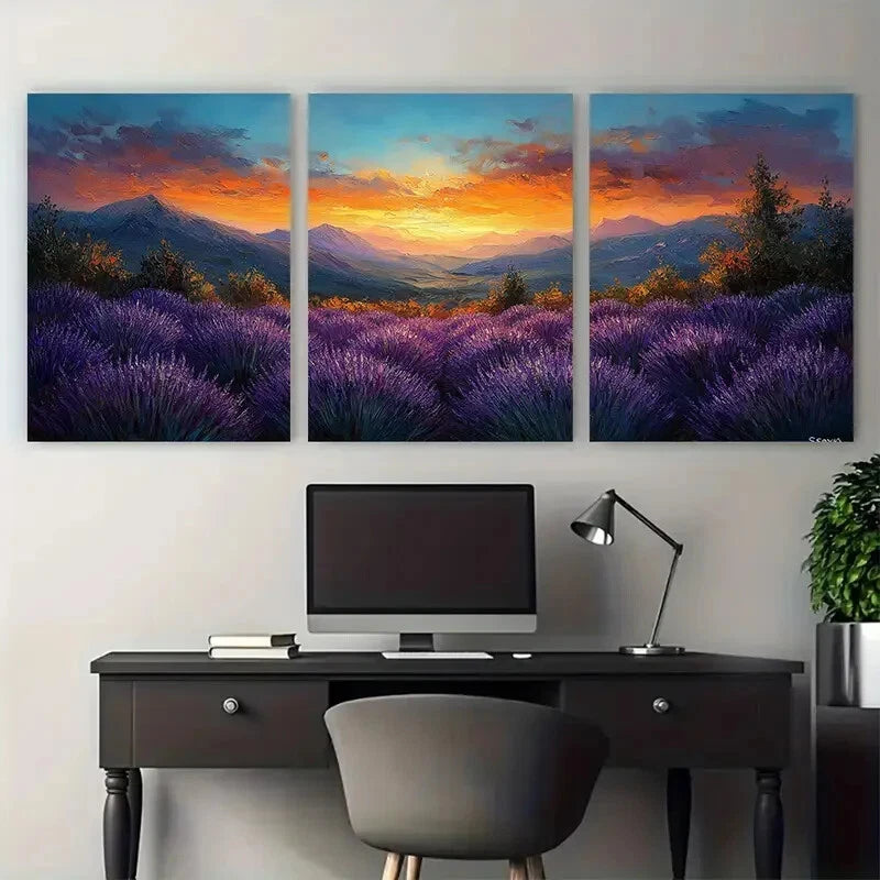 3pcs Provence Lavender Fields Mountain Sunset Metal Print Ready to Hang Art - Bella Home Decor