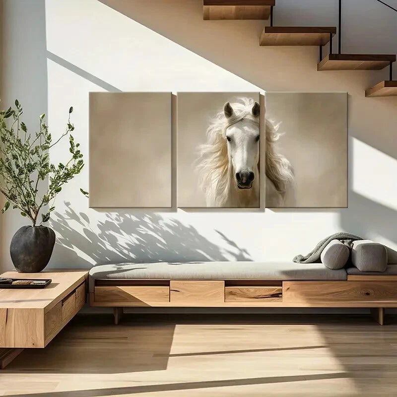 3pcs White Horse Art Elegant Mane Soft Lighting Metal Print Ready to Hang Art - Bella Home Decor