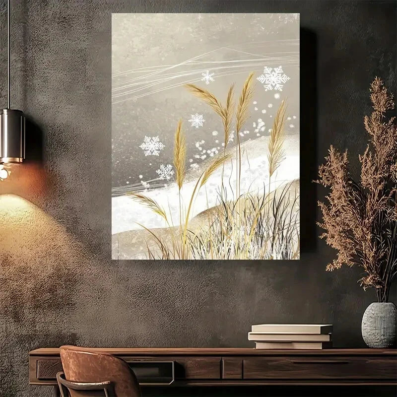 Beautiful Winter Snowflake & Grasses Painting 40x60cm Metal Print Ready to Hang - Bella Home Decor