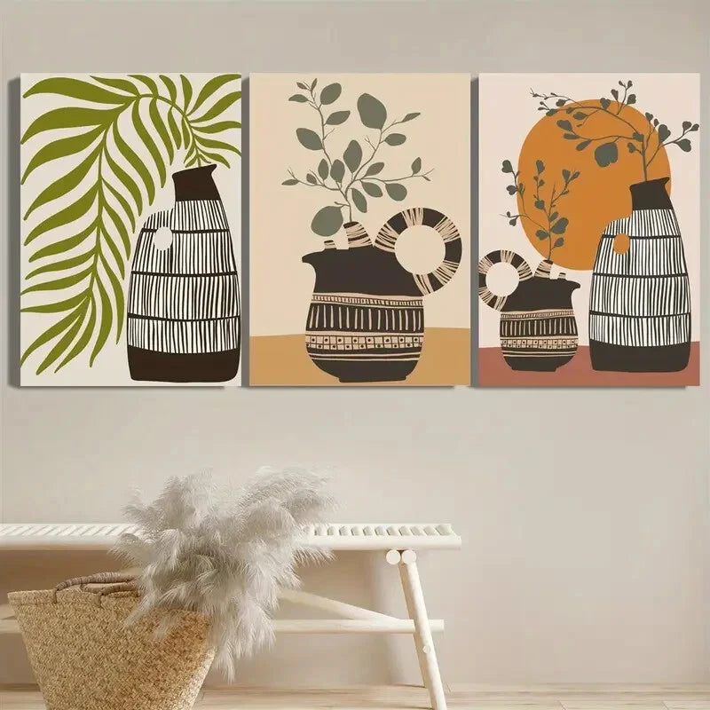 3pcs Vintage Abstract Vase Botanical Metal Print Ready to Hang Art
