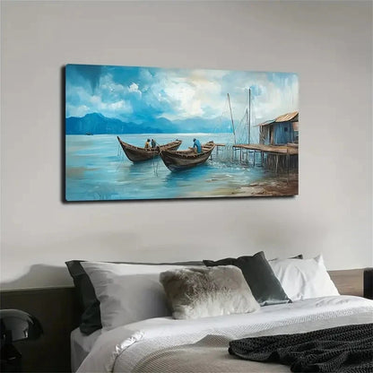 Fishermen On Tranquil Waters Wall Art canvas office home room framed 120x60cm