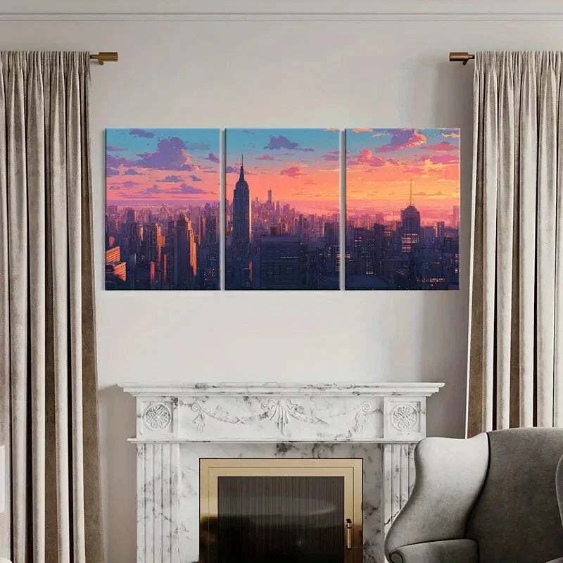 3pcs Cityscape Art Urban Skyline Sunset Glow Metal Print Ready to Hang Art - Bella Home Decor