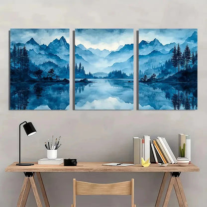 3pcs Abstract Blue & White Mountain Forest Metal Print Ready to Hang Art - Bella Home Decor